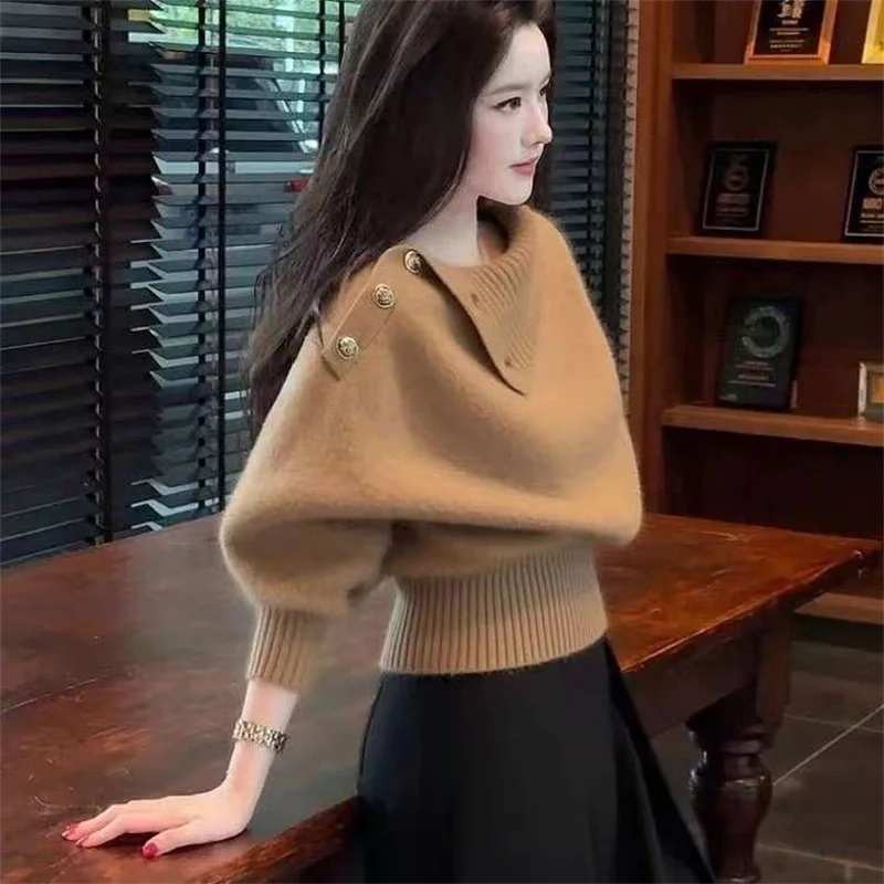 

Новый высококачественный серый вязаный пуловер, свитера с длинными рукавами, женский топ, осень-зима 2025 года, модный короткий вязаный свитер, женский