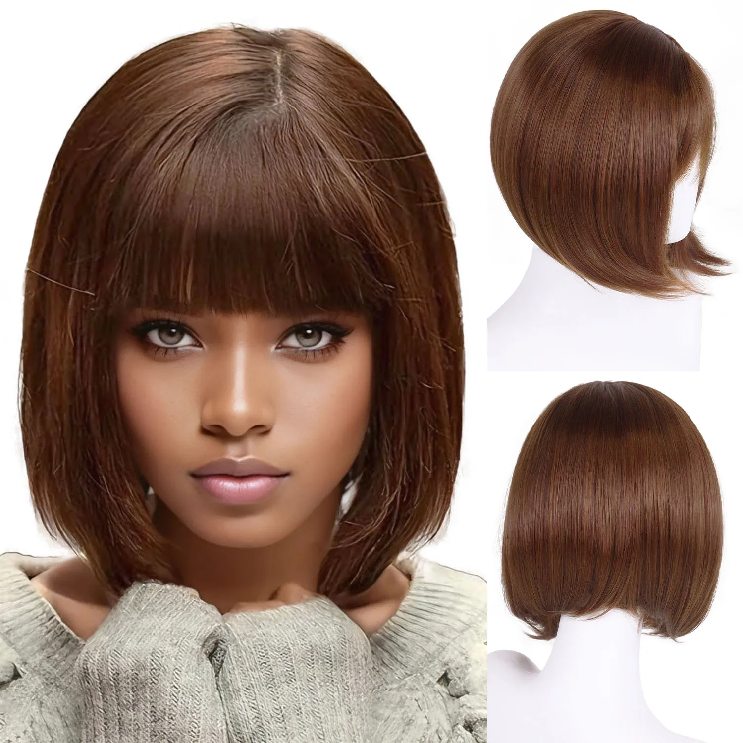

Короткий коричневый парик из синтетических волос с челкой для чернокожих женщин, женские прямые парики боб, повседневный костюм для вечеринки, Хэллоуина, термостойкий