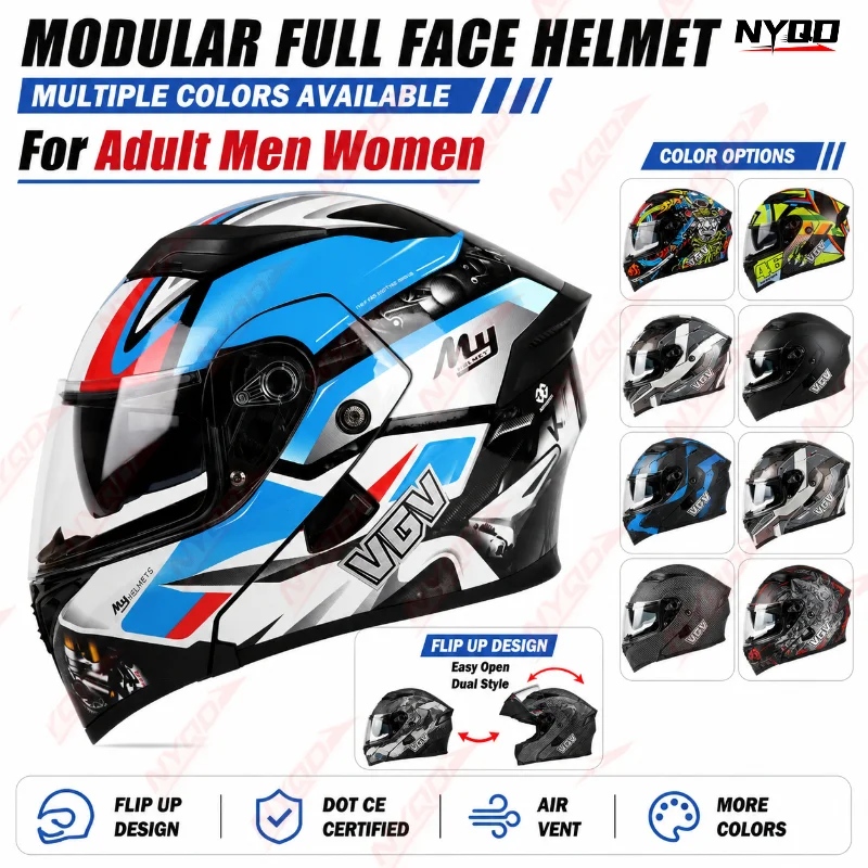 

VGV Motorcycle Flip Up Full Face Helmet DOT CE Protective Racing Touring Street Riding Helmet for Men Women All Seasons