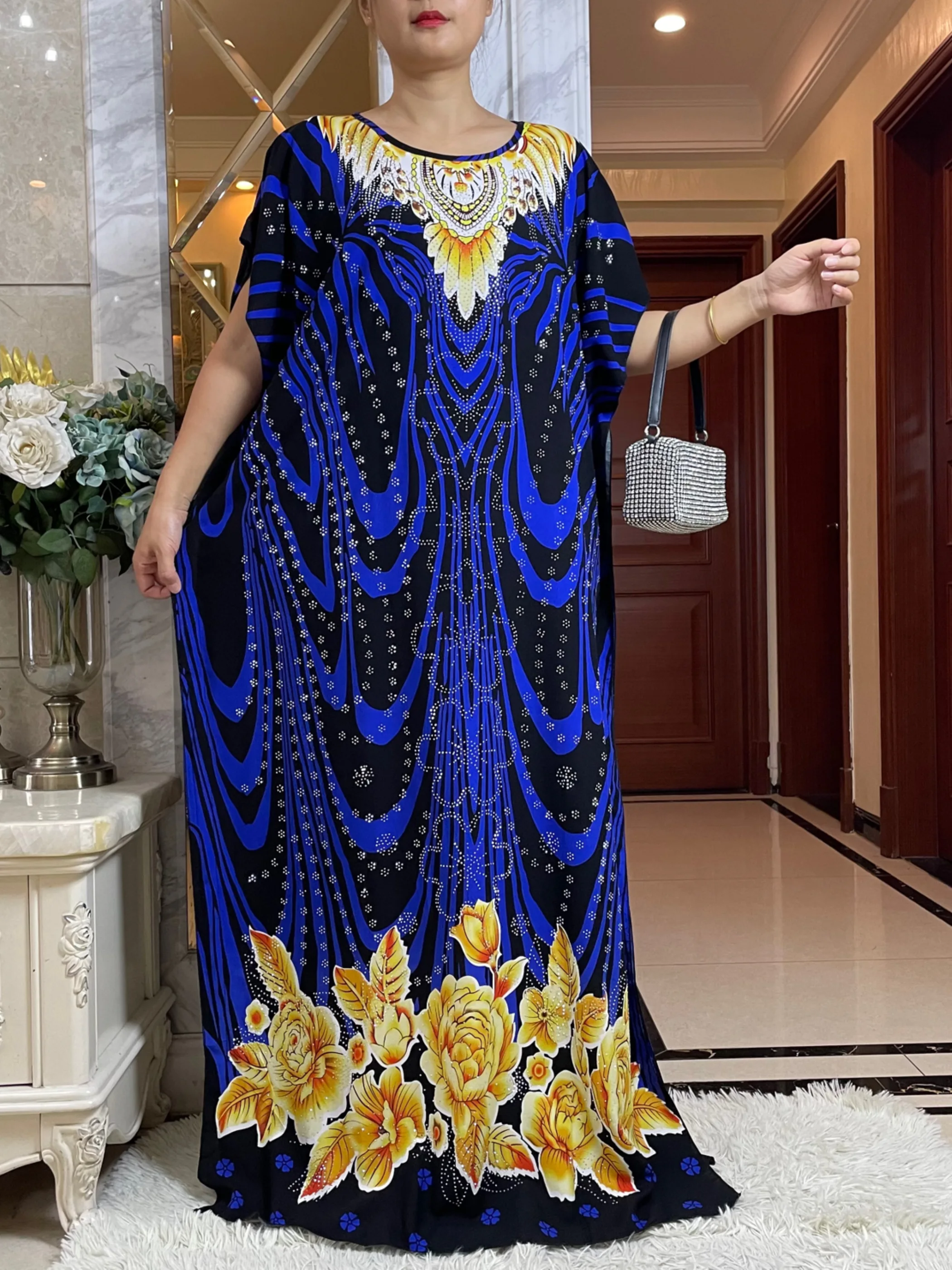 Muzułmańskie abaje z nadrukiem dla kobiet 2024 Dubai New Cotton Short Sleeve Diamonds Loose Femme Robe African Islam Dresses With Hijabs