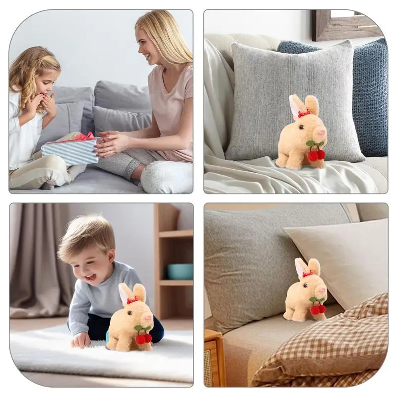 かわいいバニーぬいぐるみ電気ウサギ人形ウォーキングぬいぐるみ音付きリアルなソフト人形弓チェリーインタラクティブバニーおもちゃイースター