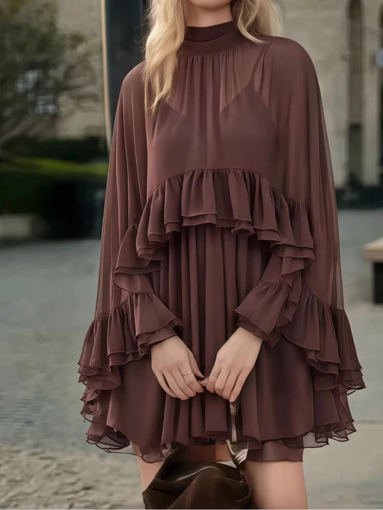 

Chiffon Sets for Women Vintage Fashion Sleeveless 2 Piece Set Solid Half High Collar Mini New Spring Summer Dress Sets