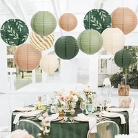 6PCS Sage Green Brown Chinese Japanese Hanging Paper Lanterns Paper Lanterns for Green Boho Summer Wedding Birthday Party Decor 2