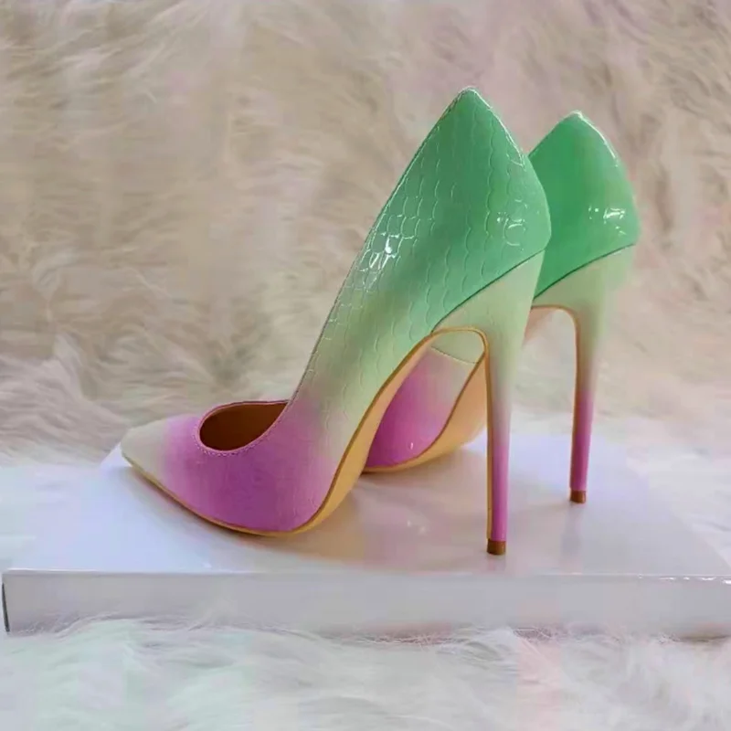 

Mixed Colors Women Stiletto High Heels Pumps Snakeskin Printed Leather Pointed Toe Slip On Formal Female Celebrating Shoes