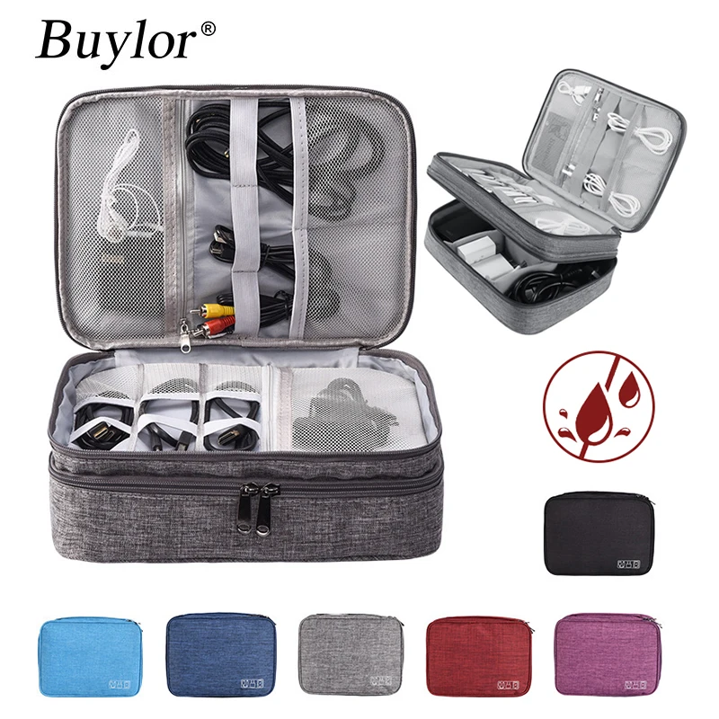 Buylor Multi-Function USB Data Cable Storage Bags 2 Layer Digital Storage Bags Cationic Waterproof Digital Electronic Organizer