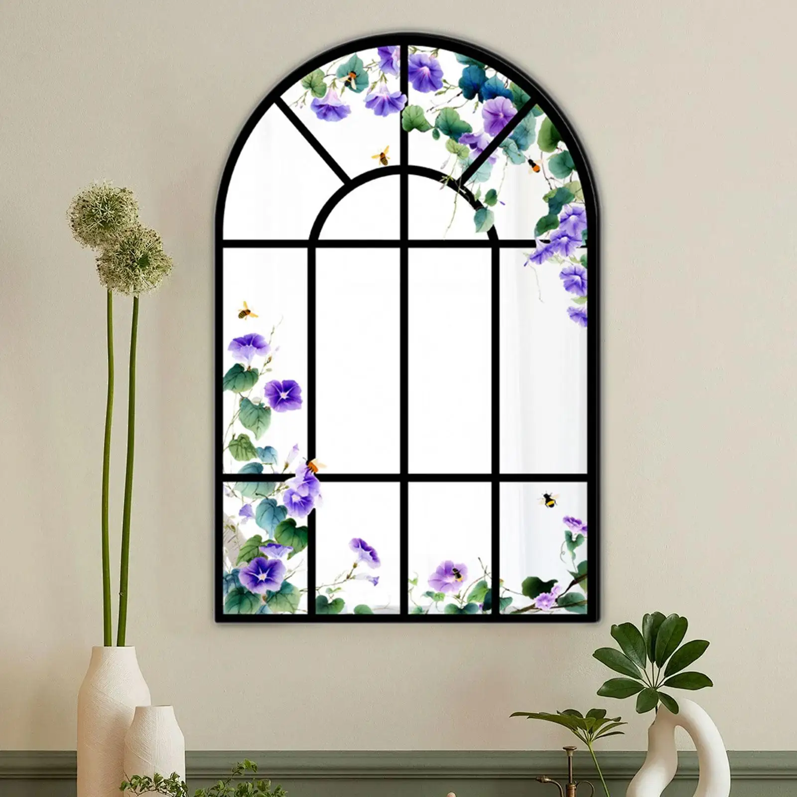 Elegant Windowpane Arch Mirror Decorative Wall Mirror Art for Entryway Bathroom Vanity Room Home Decor