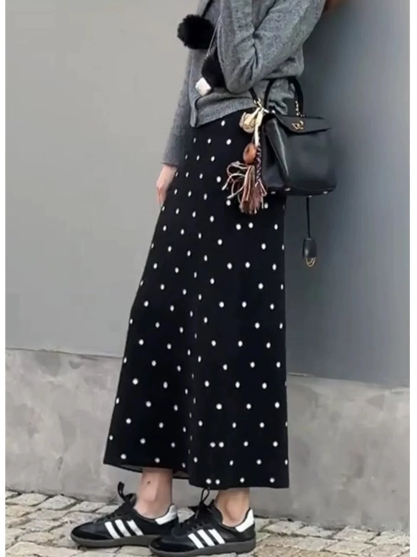 Retro Wool Polka Dot Knitted Half Skirt Long Women's Autumn Winter Small Size Super Beautiful Straight Tube a Line Long Skirt