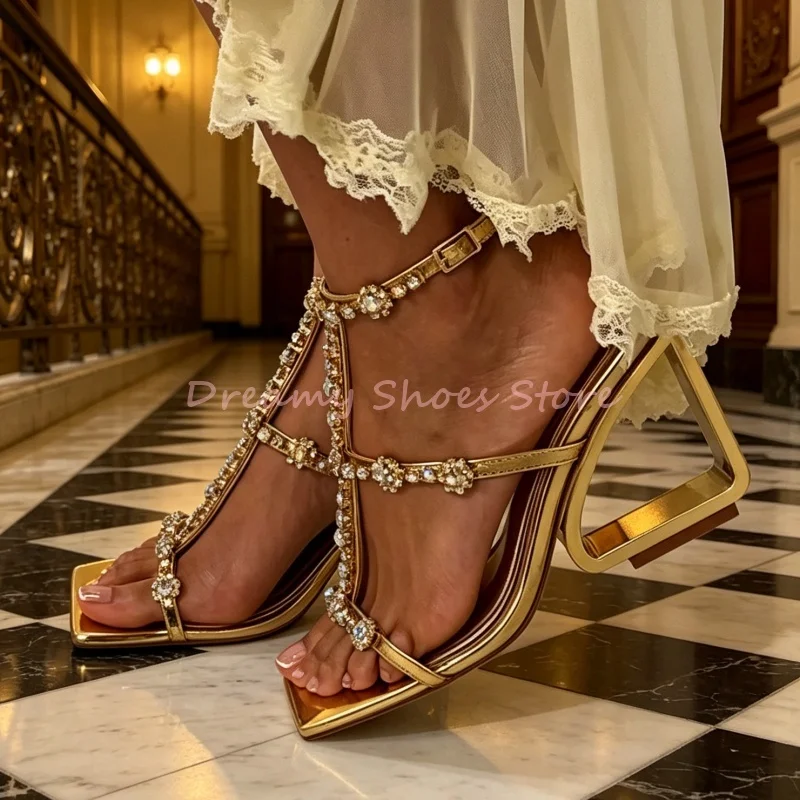 Brown Suede Crystal T-Tied Cut Out Block Heel Sandals Women Peep Toe Buckle Strap High Heels Elegant Evening Party Dress Shoes