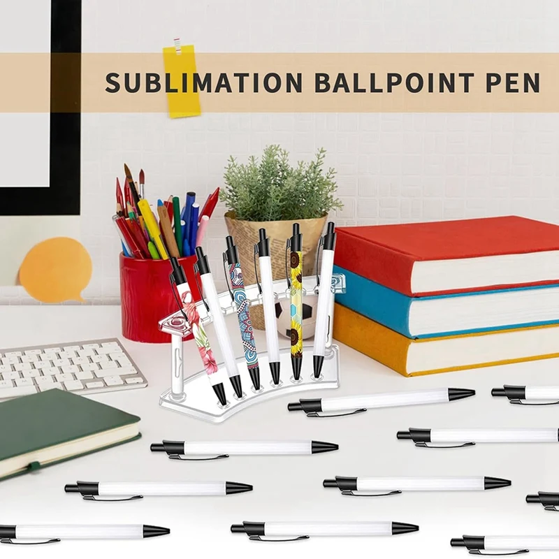 2 Plastic Pen Holder And 12 Sublimation Pens - Blank Heat Transfer Pens,6-Slots Pen Display Stand, For Gift Home Office