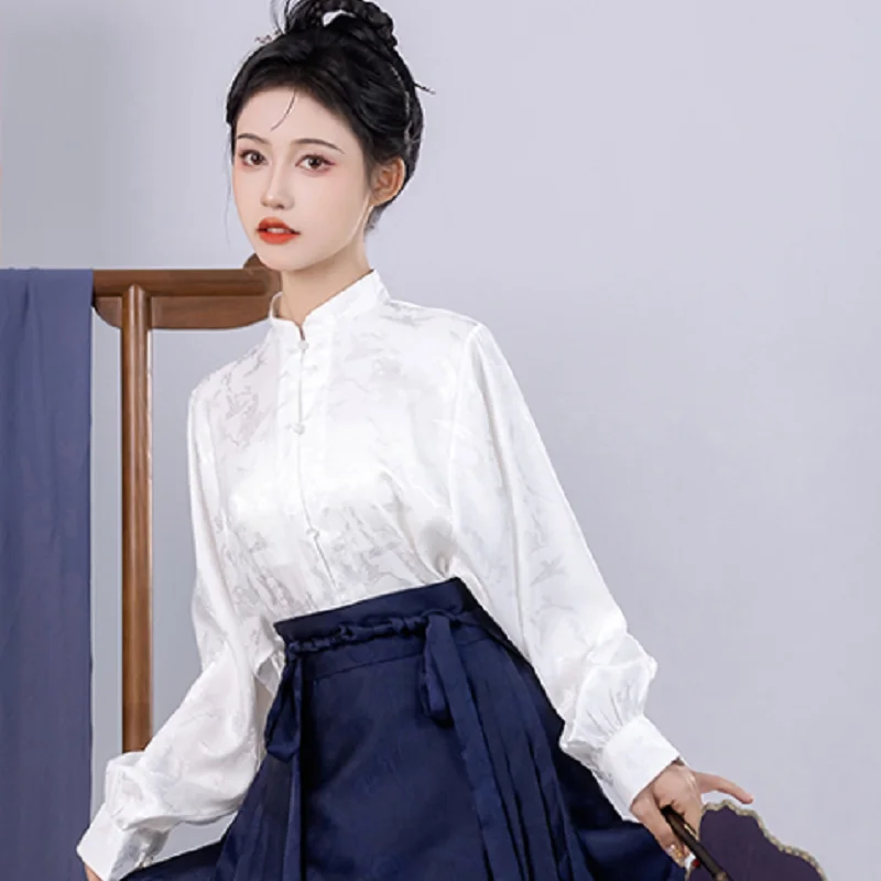 Vintage Western ization einfarbige Stand-Up-Druck oberteile 2024 Frühling neue chinesische Stil Eleganz Langarm All-Match-Shirt