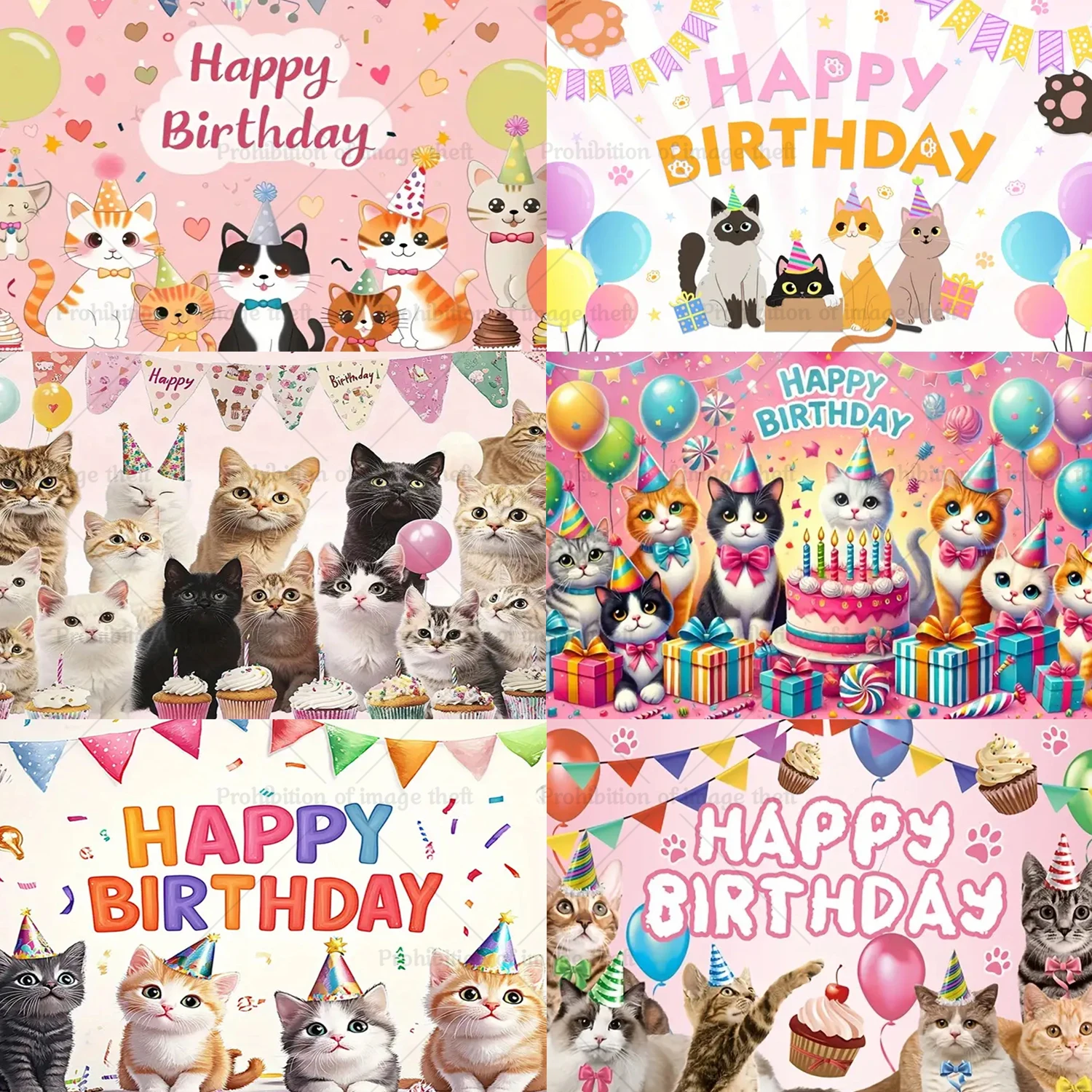 Cute Cartoon Cats Theme Background Funny Animals Happy Birthday Party Decoration Kids Gift Banner Pink Black Balloon Poster Prop