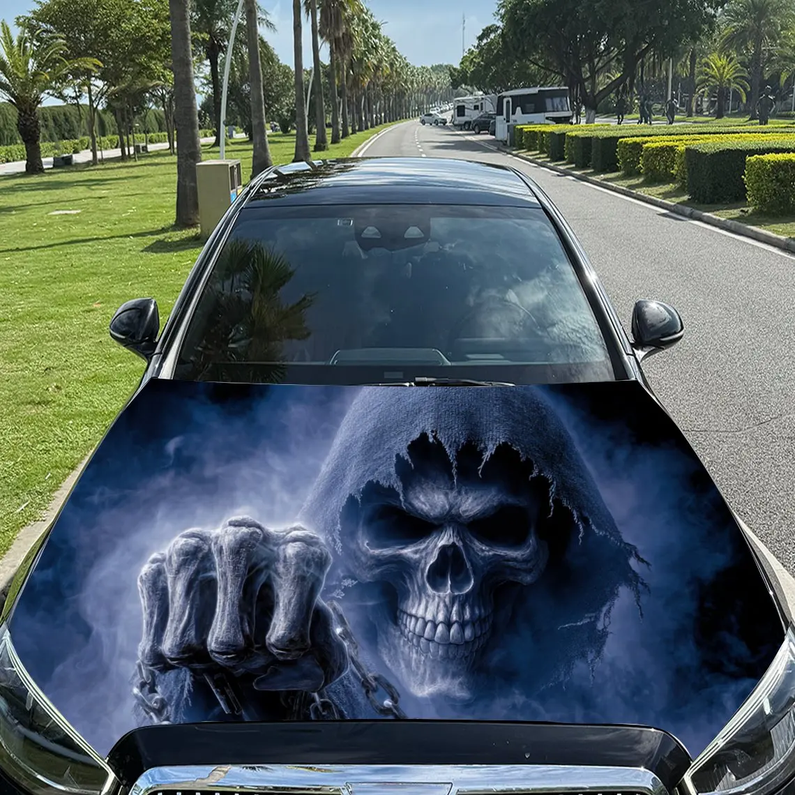 

Загадочный Grim Reaper Череп со скелетом Рука ПВХ Капот двигателя автомобиля Виниловые обертки, Самоклеящаяся водонепроницаемая наклейка на капот автомобиля