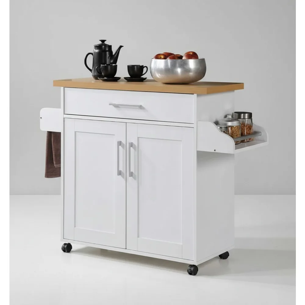 

White Kitchen Island with Spice Rack, Towel Bar & Drawer - Mobile Storage Cart for Small Spaces