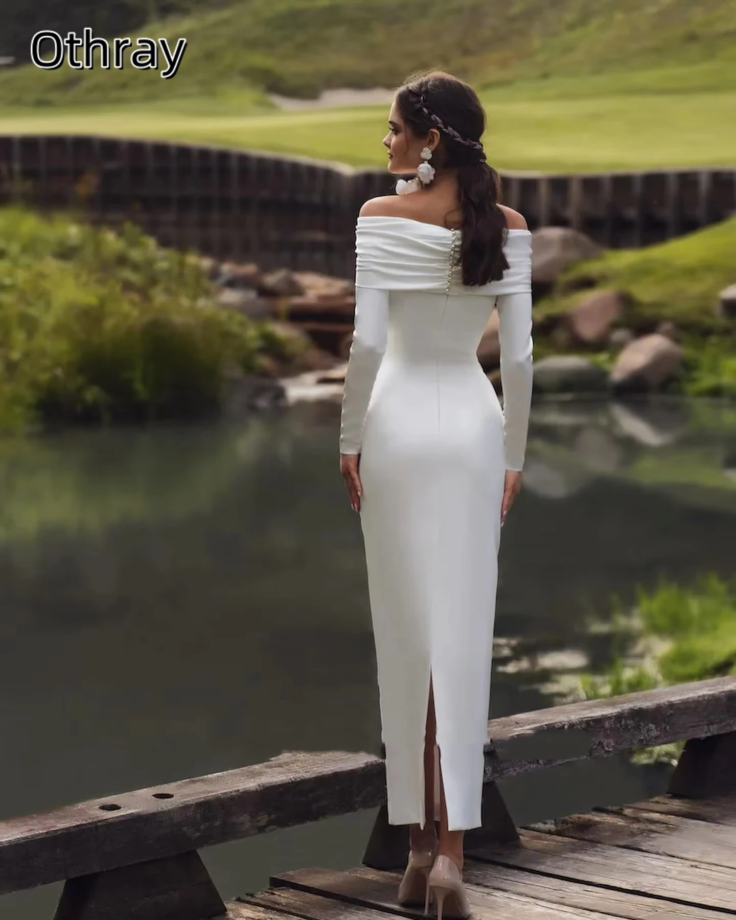 Othray Simple Sheath Long Sleeves Bridal Dresses For Women Off The Shoulder Buttons Formal Evening Gowns Special Wedding Dress