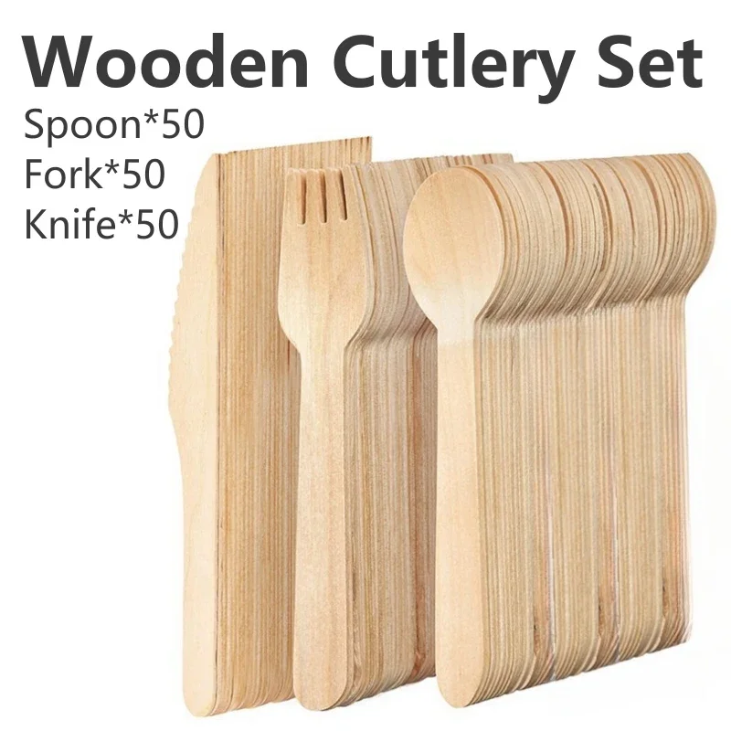 150Pcs Disposable Wooden Spoon Fork Knife Cutlery Set Wedding Birthday Party Tableware Decoration Supplies Dessert Cake Scoop