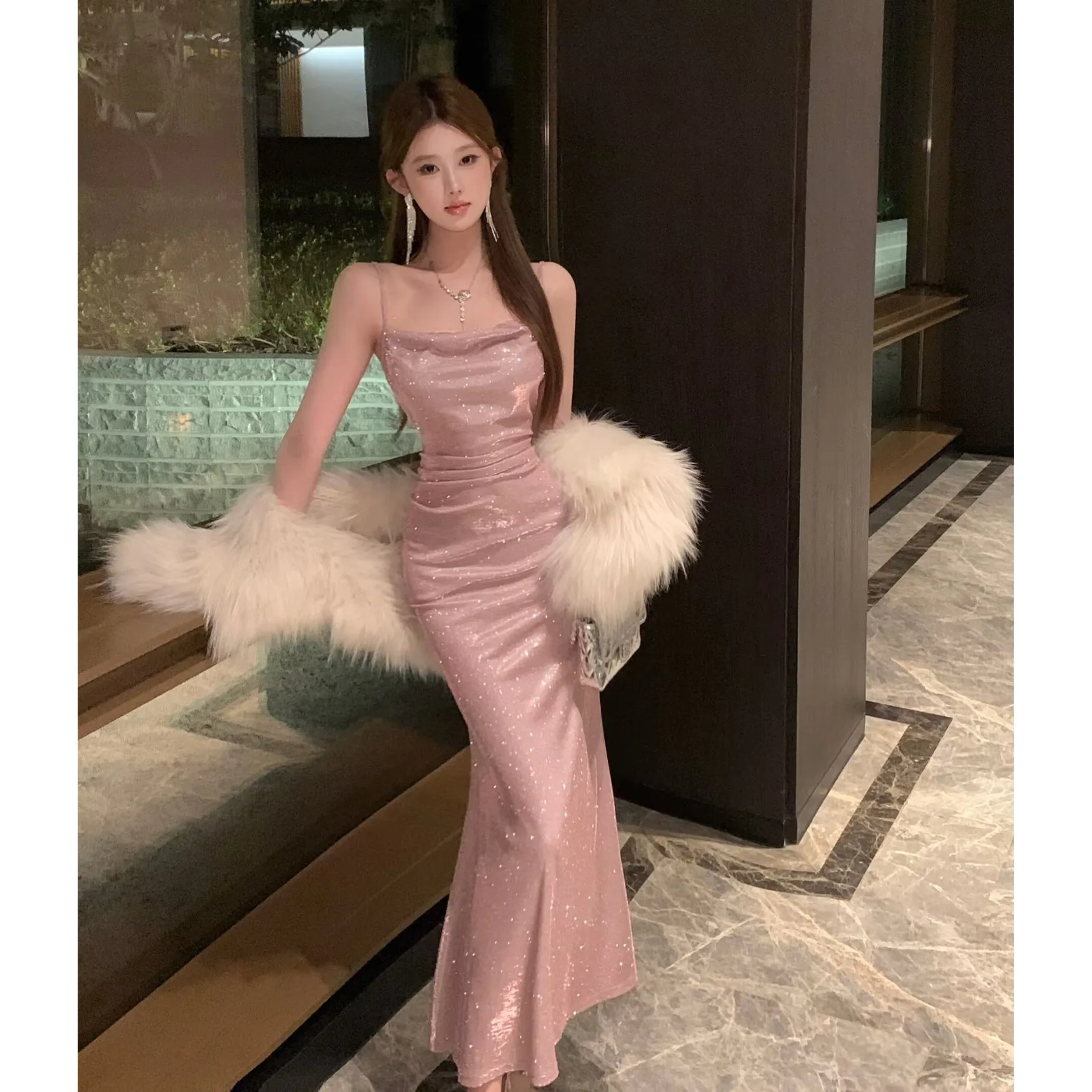 Vestido Largo Sexy sin Tirantes, Material de Seda, Ajustado a la Cintura, Estilo Femenino, Estampado de Lunares, Sin Mangas, ...