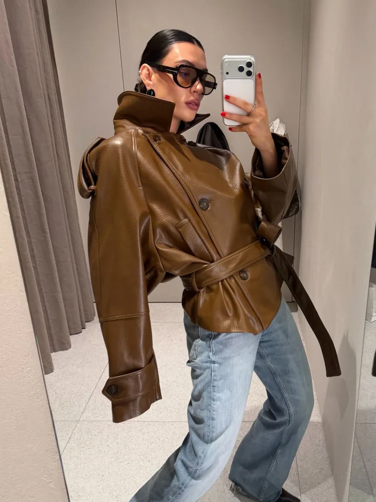 

HH Woman New Fashion Double Breasted Belted Long Sleeve Casual High Street Jacket Women Lapel Faux Leather Short Windbreaker