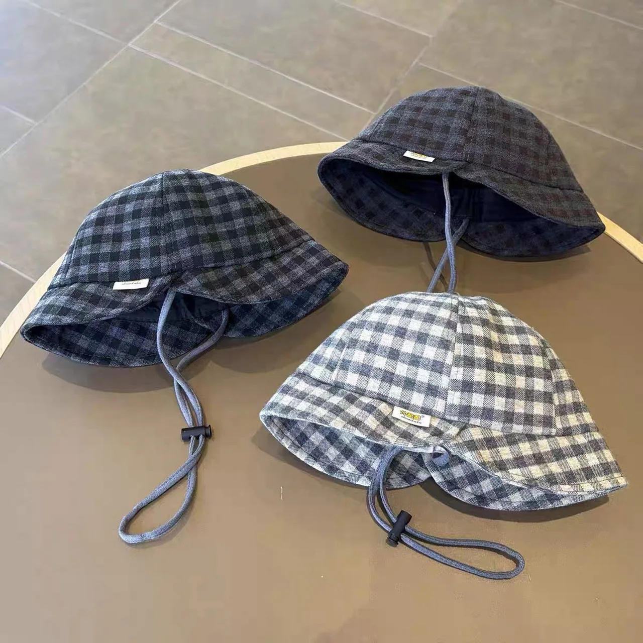 

Japanese Plaid Baby Double Brim Fisherman Hat 2-6Year Boy Girl Outdoor Windproof Warm Basin Cap Spring Autumn Children Sun Hats