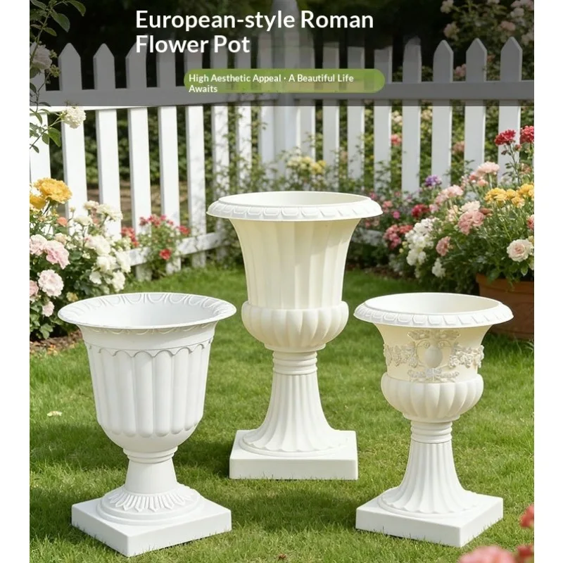 Large Roman Style round Plastic Flower Pot with Relief Design for Garden Outdoor Big Diameter European Style Flower Planter