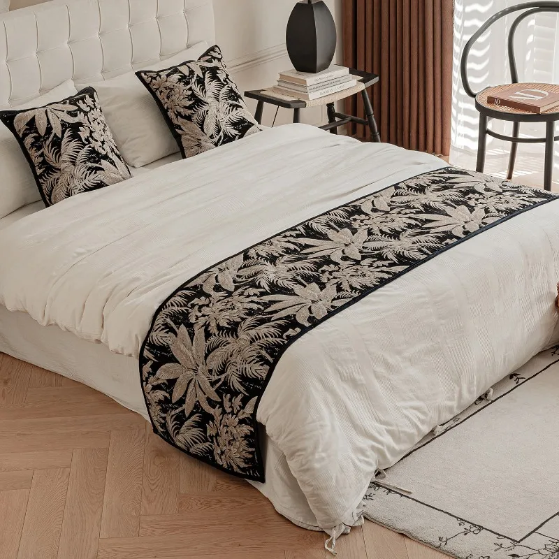 Luxury Black Golden Botanical Leaves Jacquard Bed Runner Elegant Textured Bed End Cover Premium Bed Scarf for Bedroom Home Decor view 2