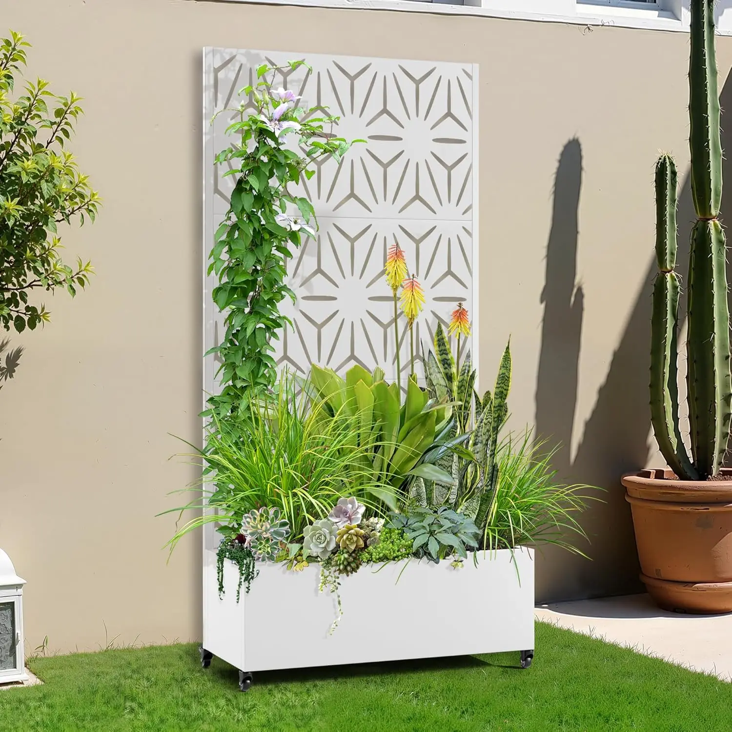 

Raised Garden Bed with Trellis and Wheels,73"x35"x16" Metal Raised Garden Bed,White Star Metal Planter with Climbing Trellis for