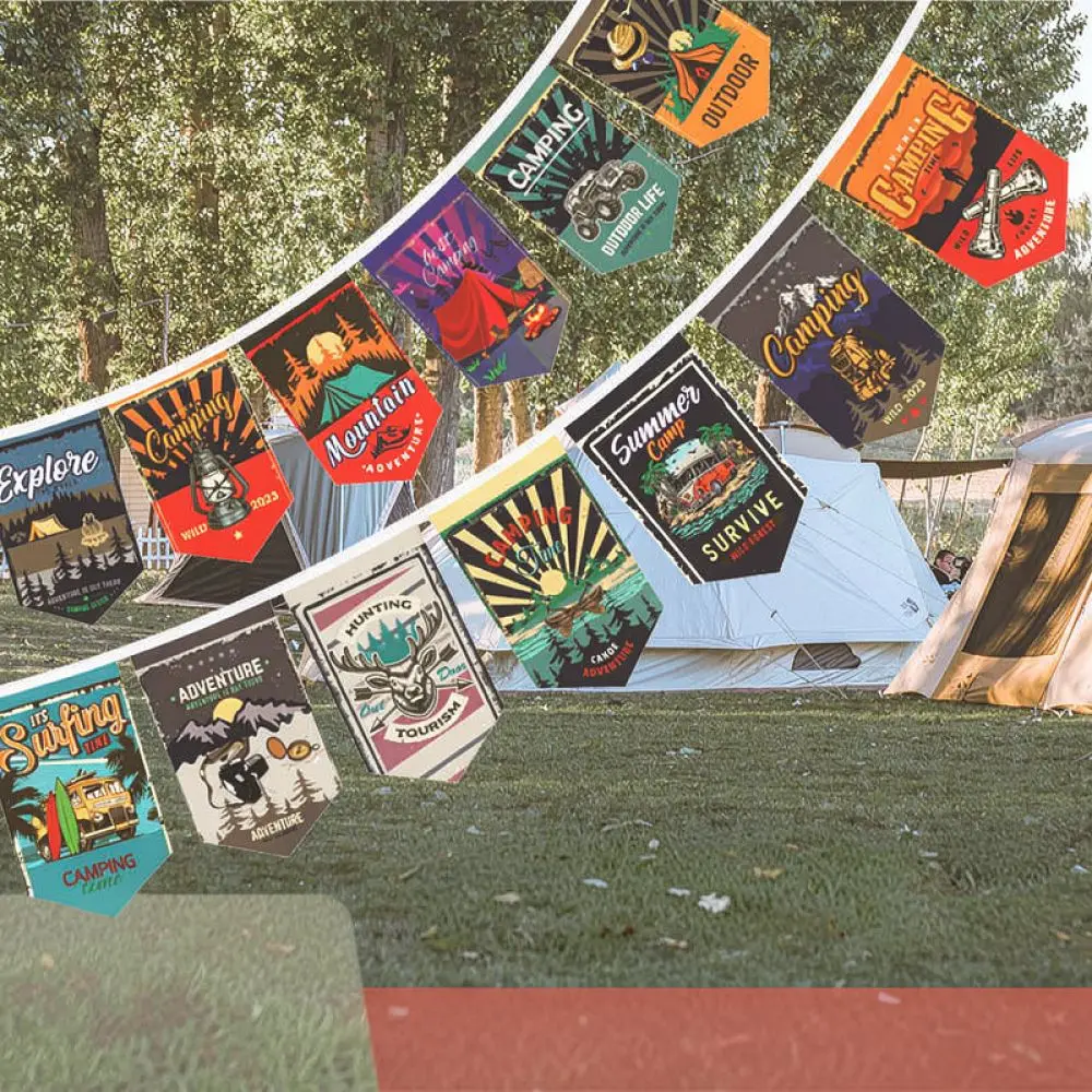 Camping Atmosphere Triangle Flag Banner For Tent Canopy Outdoor Decor Picnic Party Aesthetic Hanging String Ornaments