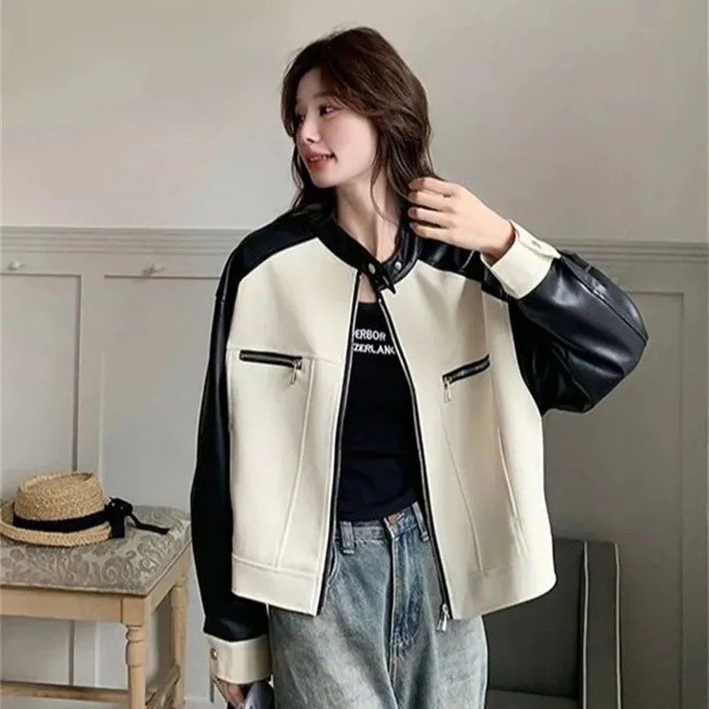 Primavera outono femme retalhos casaco de couro falso 2025 feminino gola jaqueta de couro coreano senhoras moda couro do plutônio outwear