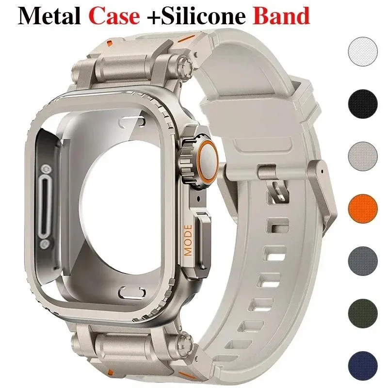 

Силиконовый ремешок + металлический корпус из сплава для Apple Watch Ultra 3 2 1 49 мм, для iWatch Series 9 8 7 6 SE3 SE2 SE 5 4 44 мм 45 мм