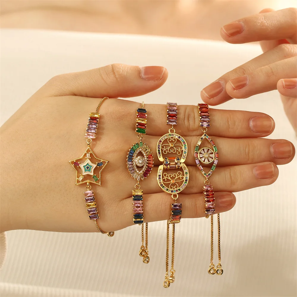 

PAPERPLUS | Women Copper Bracelets Palm and Star Pendant Link Chain Inlaid Zicron Adjustable Small and Delicate Girl Lovely Gift