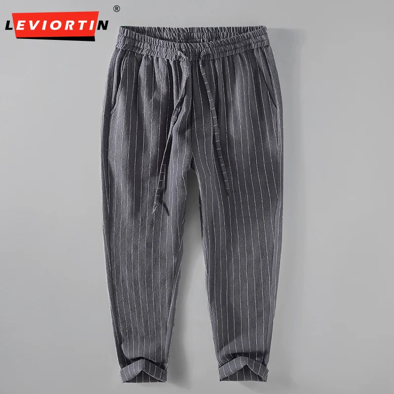 

Spring&Summer Men Linen Pants Japanese Styles Casual Stripe Elastic Waist Comfortable Cotton Linen Man Leisure Straight Trousers