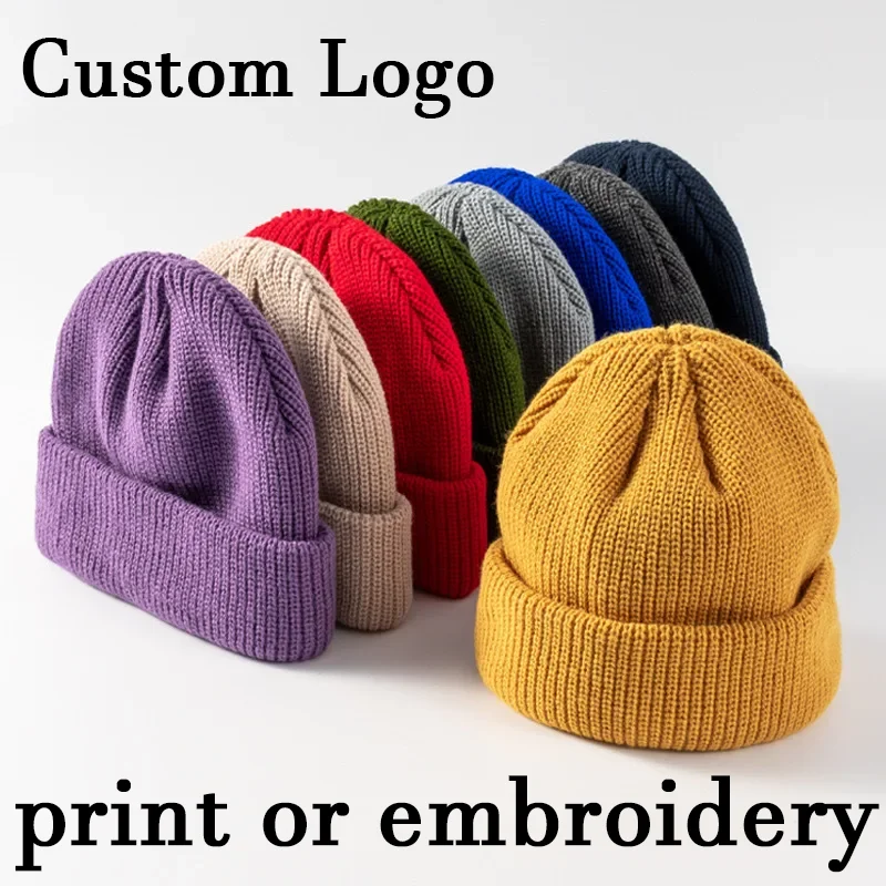 Custom Logo Lady Solid Knitted Beanis Gorros Fashion Thick Warm Winproof-Cold Cap Diy Print Men Elatic Short Melon Winter Hat