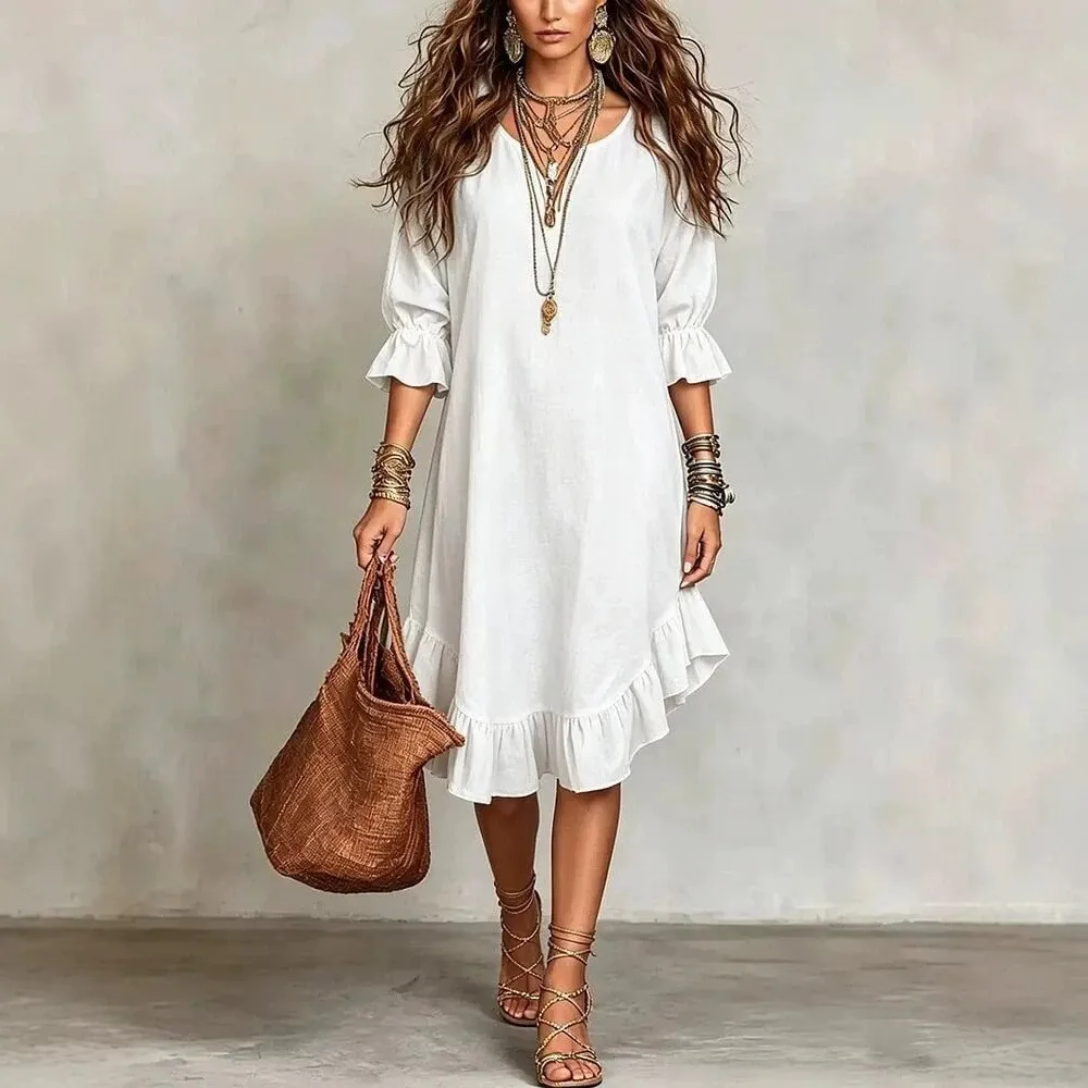 Retro Einfarbiges Sommerkleid für Damen, modisches, lässiges Midikleid mit V-Ausschnitt, unregelmäßigen Lotusblattkanten, locker, schlicht, elegant, Partykleid
