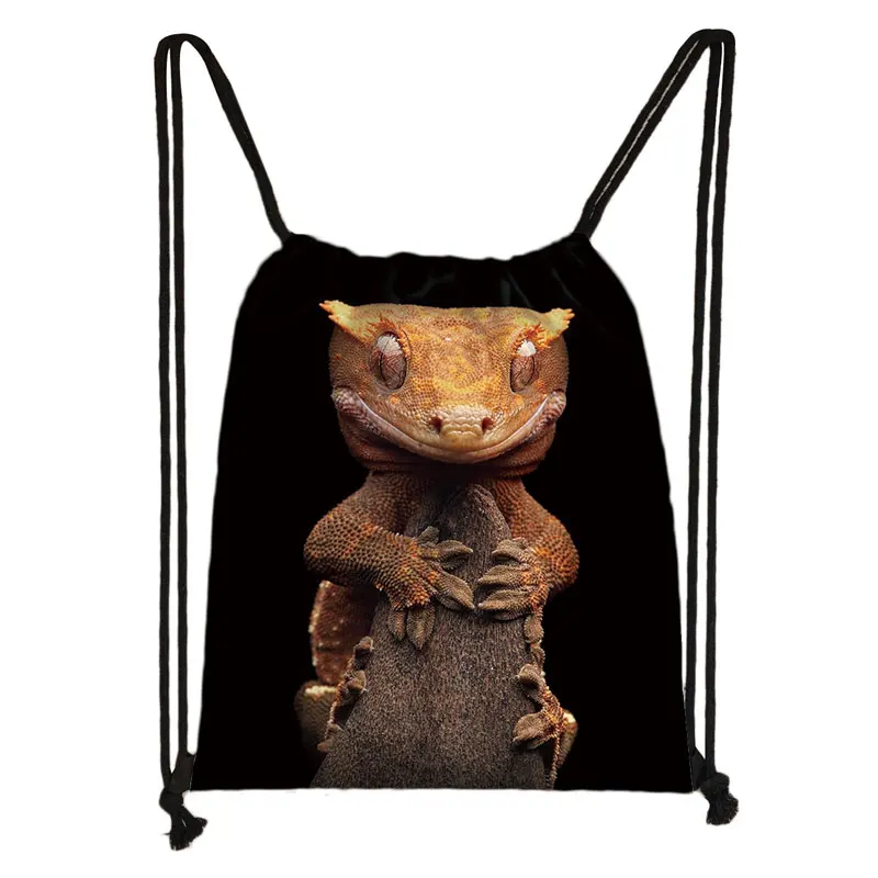 Reptiles Animal Spider Chameleon Print Drawstring Bag Women Backpacks Snake Frog For Travel Daypack Casual Bookbag Shoes Holder