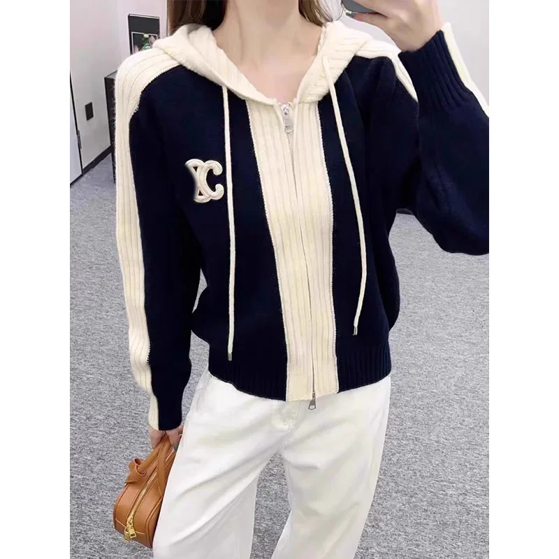 Women\'s Clothing Casual Elastic Slim Hooded Zipper Knitted Cardigan Autumn Winter Fashion Patchwork Wool Thick Commute Sweaters