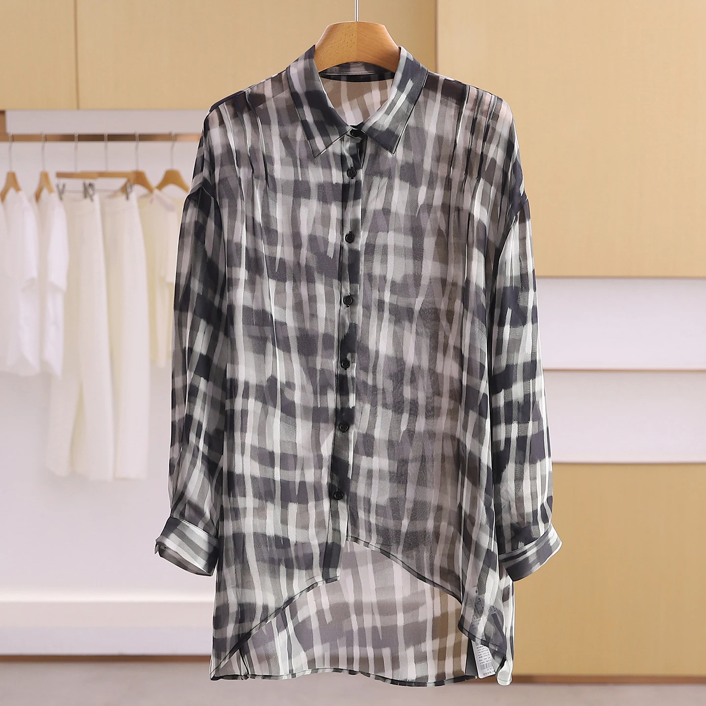 Camisa Feminina Casual de Verão Estilo Lan Mommy Manga Longa Estampa Floral Solta Respirável Fibra de Poliéster 2026