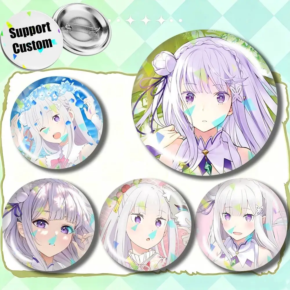 Re-ZERO Season4 Emilia Anime Customizable Round Brooch Pins, Personalized Badges With Broken Glass Design Fashion Accessory