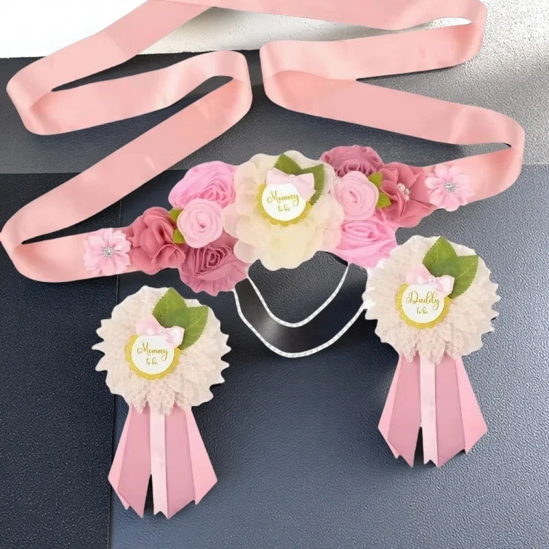 Baby Shower Sash Kit Blush Pink Flower Belt Daddy Corsage for Mom to Be Maternity Photo Shoot Props Gender Reveal Party Decor
