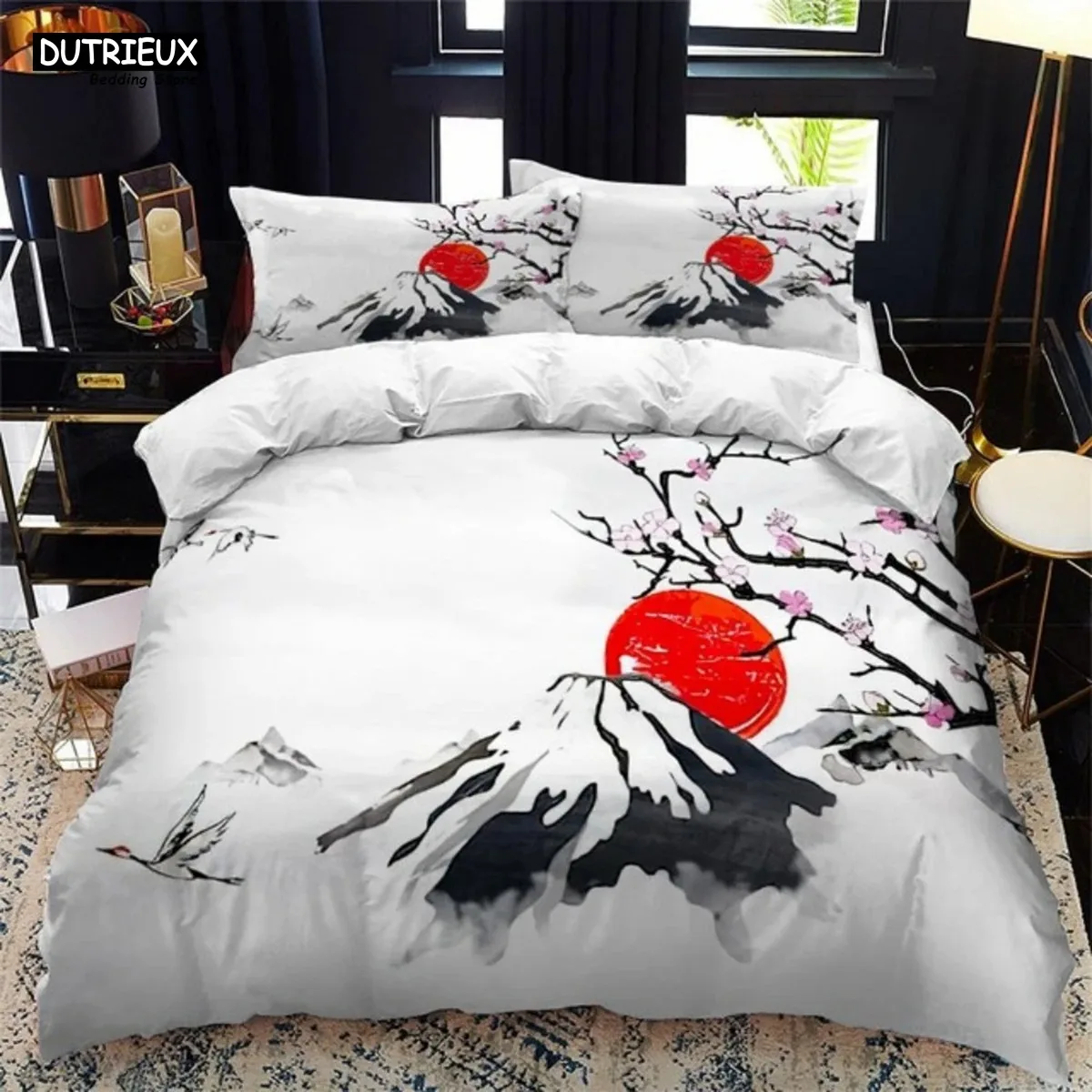 Japanese-Style Duvet Cover Set King Queen Full Size Ukiyo-e Theme Wave Pattern Polyester Bedding Set Fuji Mountain Exotic Style