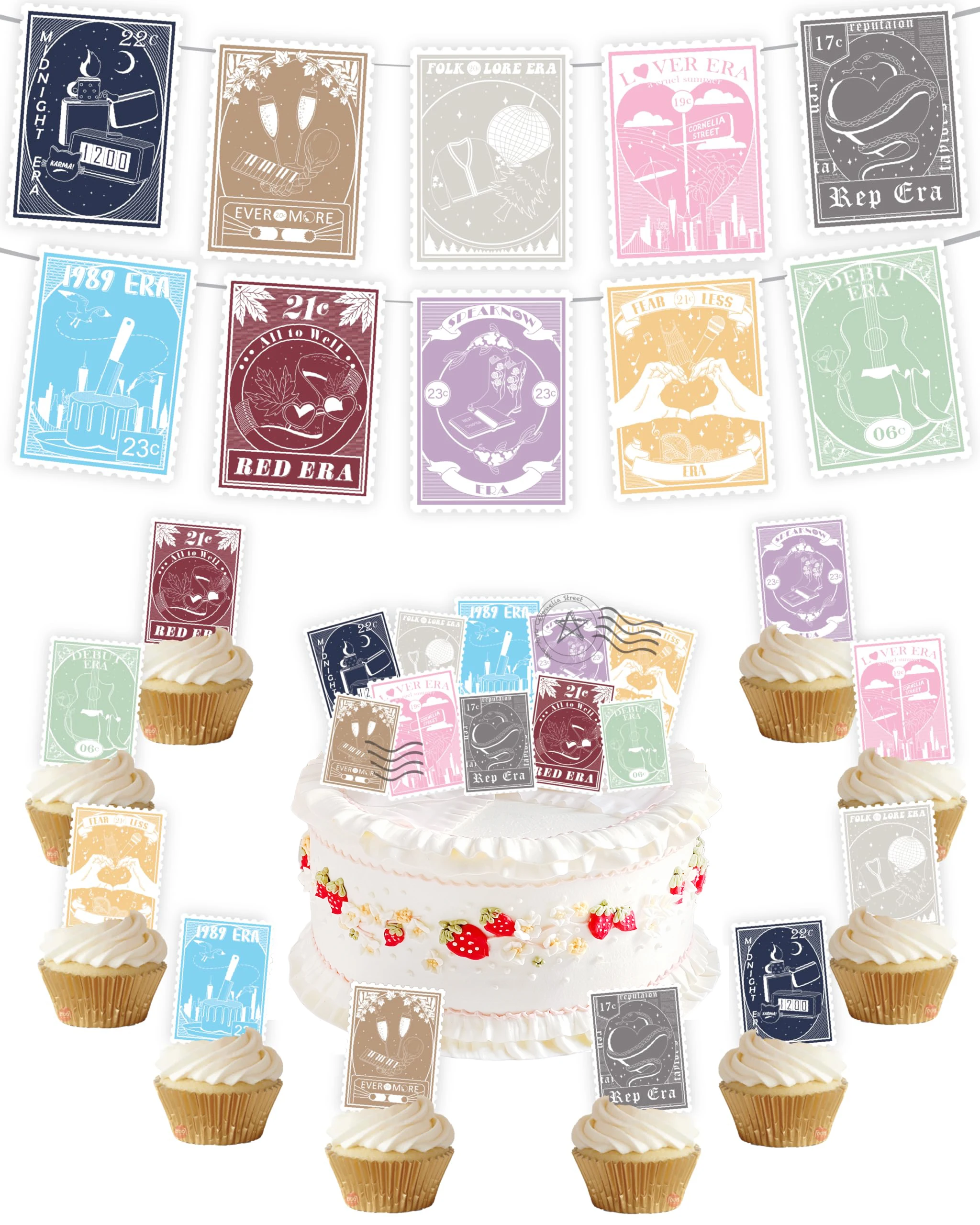 Tay Eras Music Birthday Party Kit 45pcs Banner, Cupcake Toppers, Stickers & Stamp Cake Toppers for Girls | Concert Theme Decor