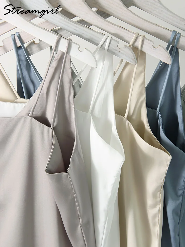 Streamgirl Summer Satin Camisole Women Tops With Straps White Elegant Sleeveless Sexy Satin Tops Silk Camis And Tanks For Women