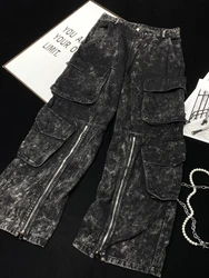 [YOZOU] Luxury Vintage Cargo Black Wide Leg Baggy Jeans with Zipper Y2k Oversize Denim Pants Women Grunge Outwear Korean Chic