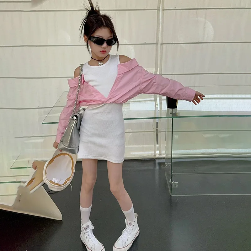 Korean girls pencil dress 2024 spring stitching color matching slim kids clothes dresses vestidos streetwear 6 to 16 years