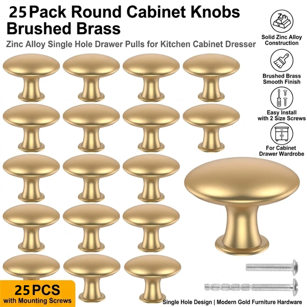 25/50Pcs Gold Cabinet Knobs Zinc Alloy Round Drawer Pulls Dresser Handles 30mm Kitchen Cupboard Furniture Hardware with Screws