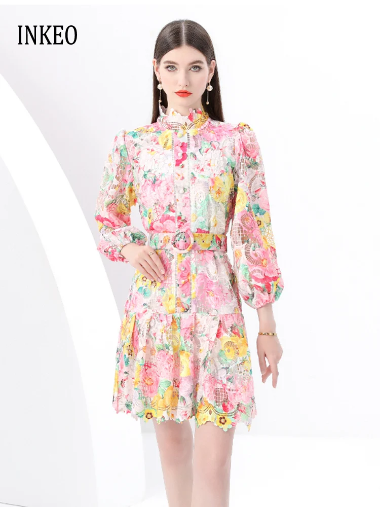 

Beach Floral print lace dress with belt Women 2025 New Luxury Hollow out Single breasted long shirt Mini dresses INKEO 5D052