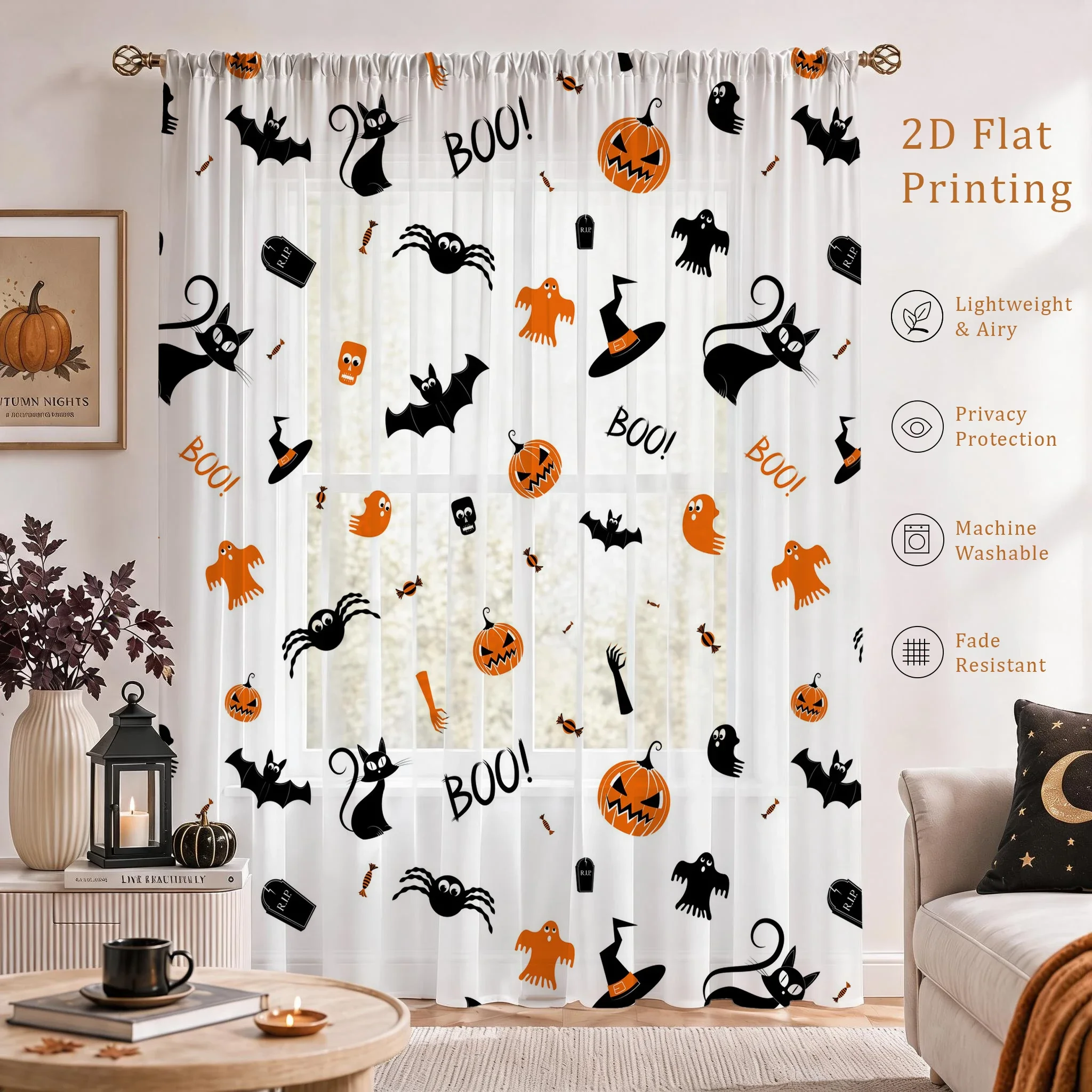 Halloween Festival Sheer Curtain, Good Quality Light Reducing Privacy Voile for Living/Bedroom/Kids Room,Mother's Day Gift - view 3