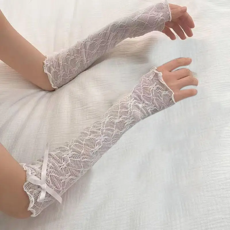 Summer Long Lace Ruffle Mesh Fingerless Gloves Sun Protection Arm Sleeve Sunscreen Thin JK Lolita Kawaii Sexy Fishnet Mittens view 5