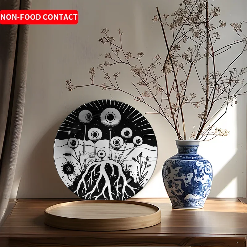 1pc Nordic Style Ceramic Wall Art Plate - Black & White Hand-Painted Tree & Sun Design, Circular Non-Food Contact Home Decor