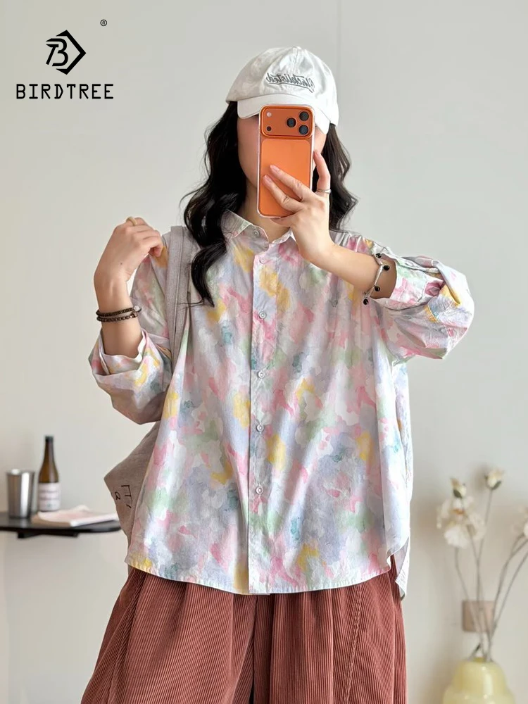 

New 2026 Spring Women Cotton Long Sleeve Shirt, Turn-down Collar Graffiti Print, Mori Girl Fashion Commute Loose Blouse T63620CC