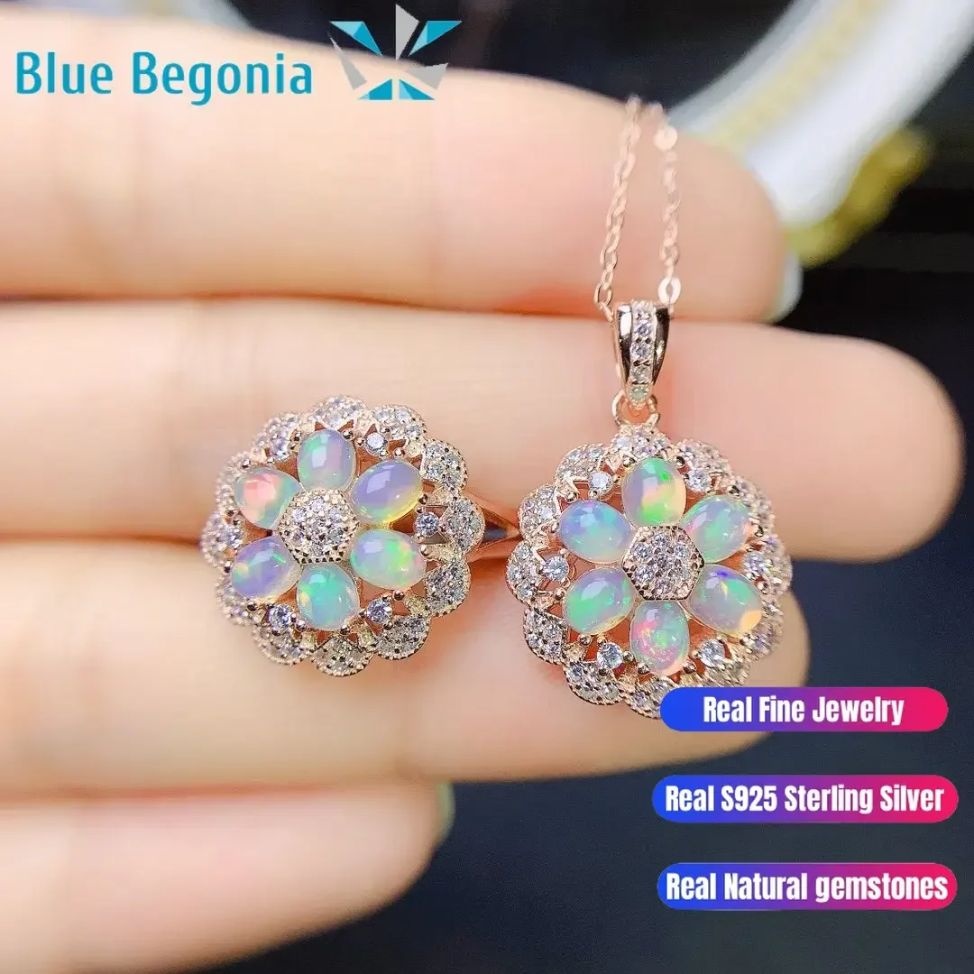 925 Sterling Silver Natural Opal Jewelry Set Ring Pendant Necklace Exquisite Wedding Party Jewelry Set for Women 3*4mm Gemstone