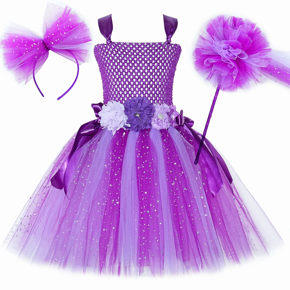 Glitter Purple Flower Fairy Costume for Girls Fancy Tulle Tutu Princess Dress Toddler Kids Halloween Birthday Butterfly Dress Up